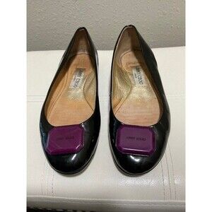 Jimmy Choo Black Patent Leather Ballet Flats with Purple Toe Accent & Heel Logo